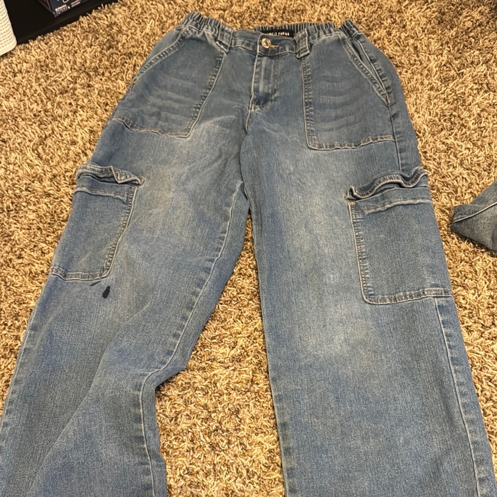 Blue Straight Leg Jeans with Distressed Details